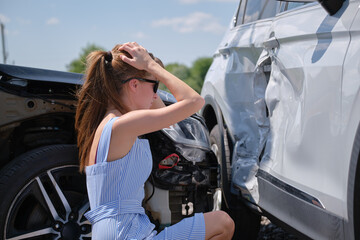 woman distressed at the scene of a car accident