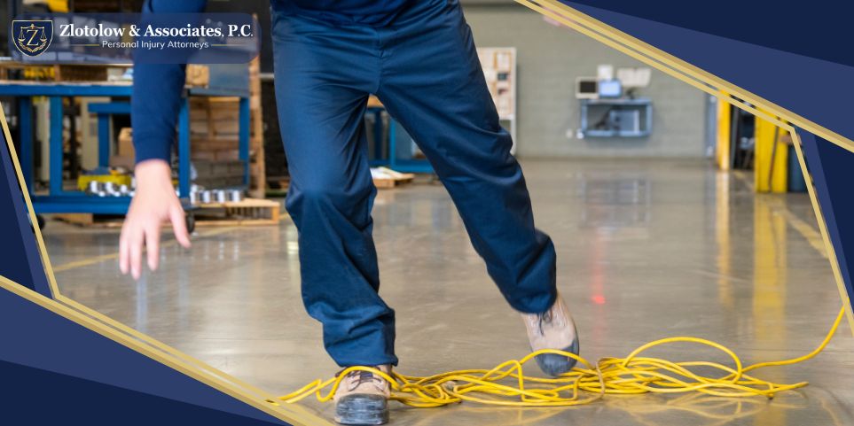 A person in work attire trips over a yellow electrical cord on the floor of an industrial space, highlighting a scenario where a premises liability lawyer in Queens could help address potential injury claims.